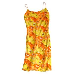 Vintage Y2K Floral Slip Dress Yellow Orange Spaghetti Strap Midi SM
